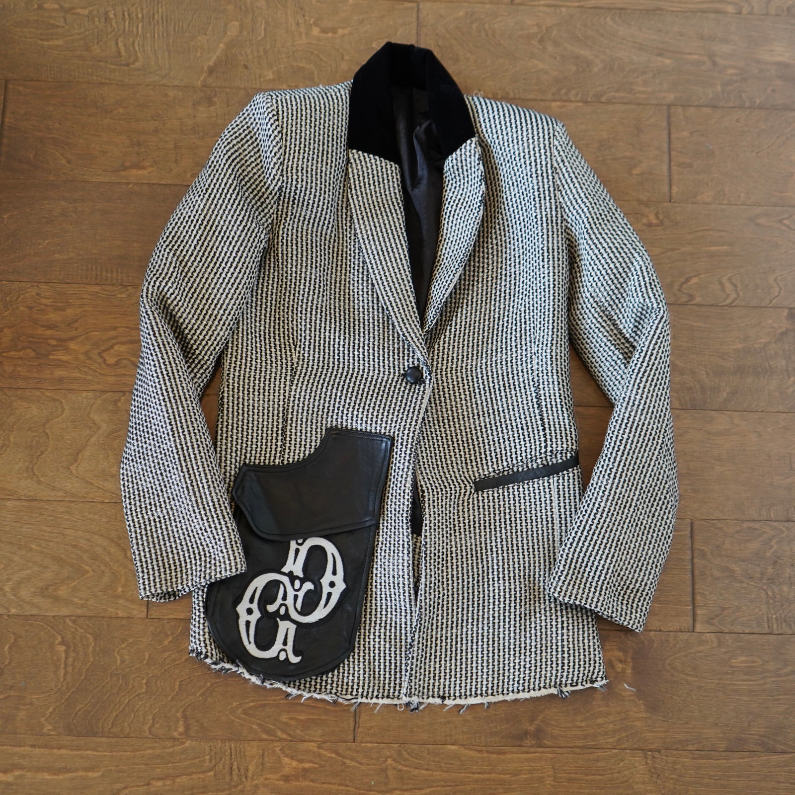 Dylan Lex Jagger Riding Jacket Black White Tweed Velvet Collar Leather Pocket Xs — image 2 of 8